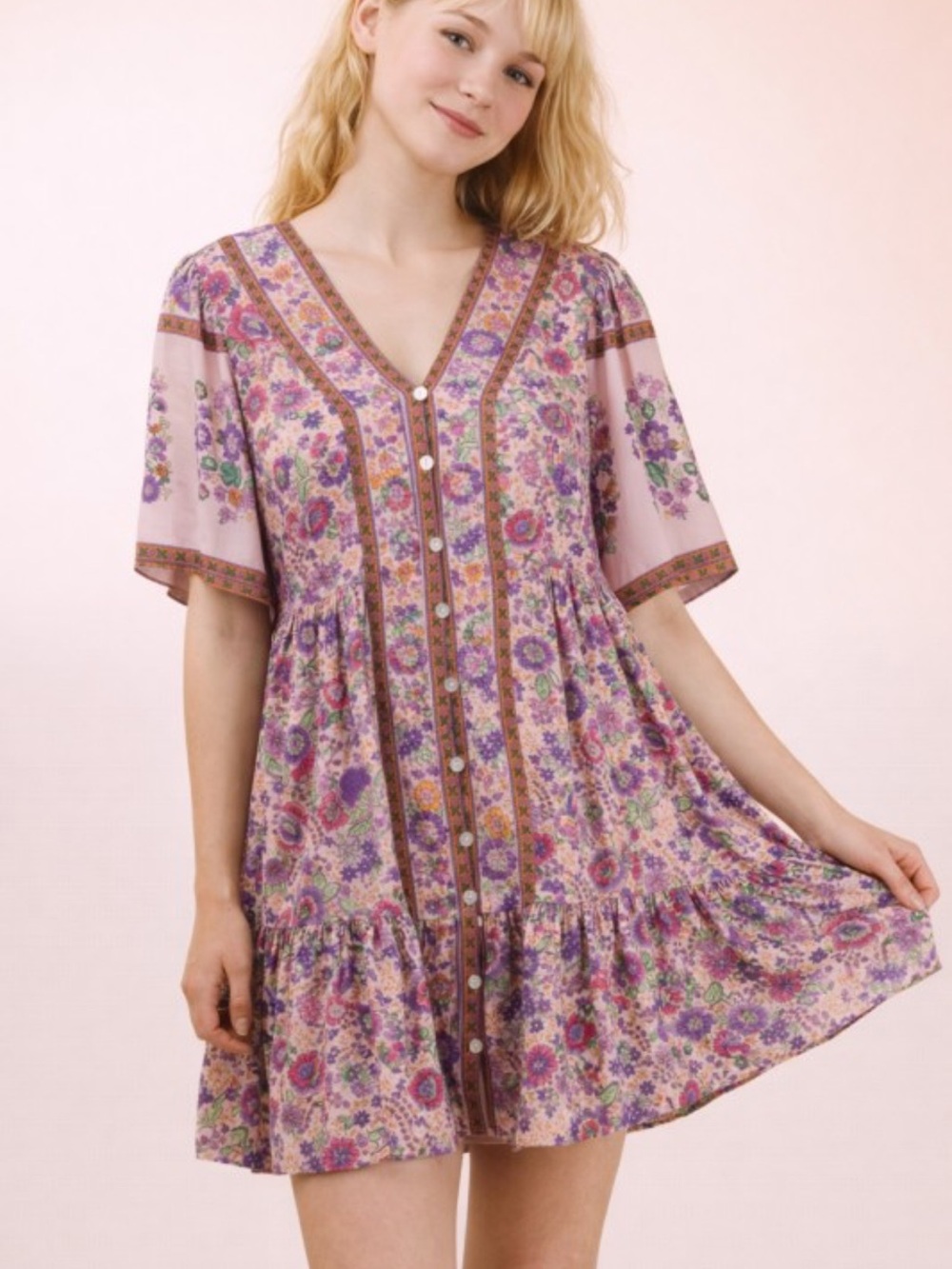 Shirring Detail Printed Woven Mini Dress